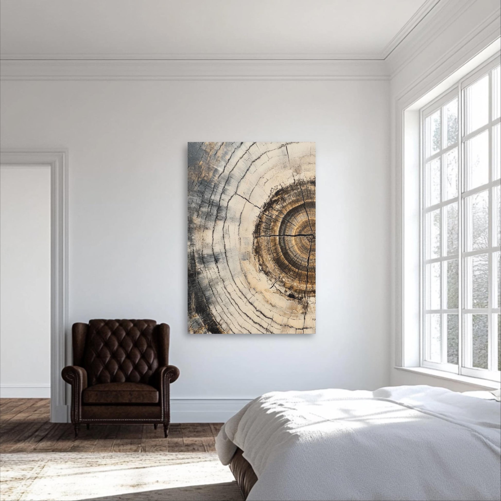 a bedroom with a bed, chair and a painting on the wall