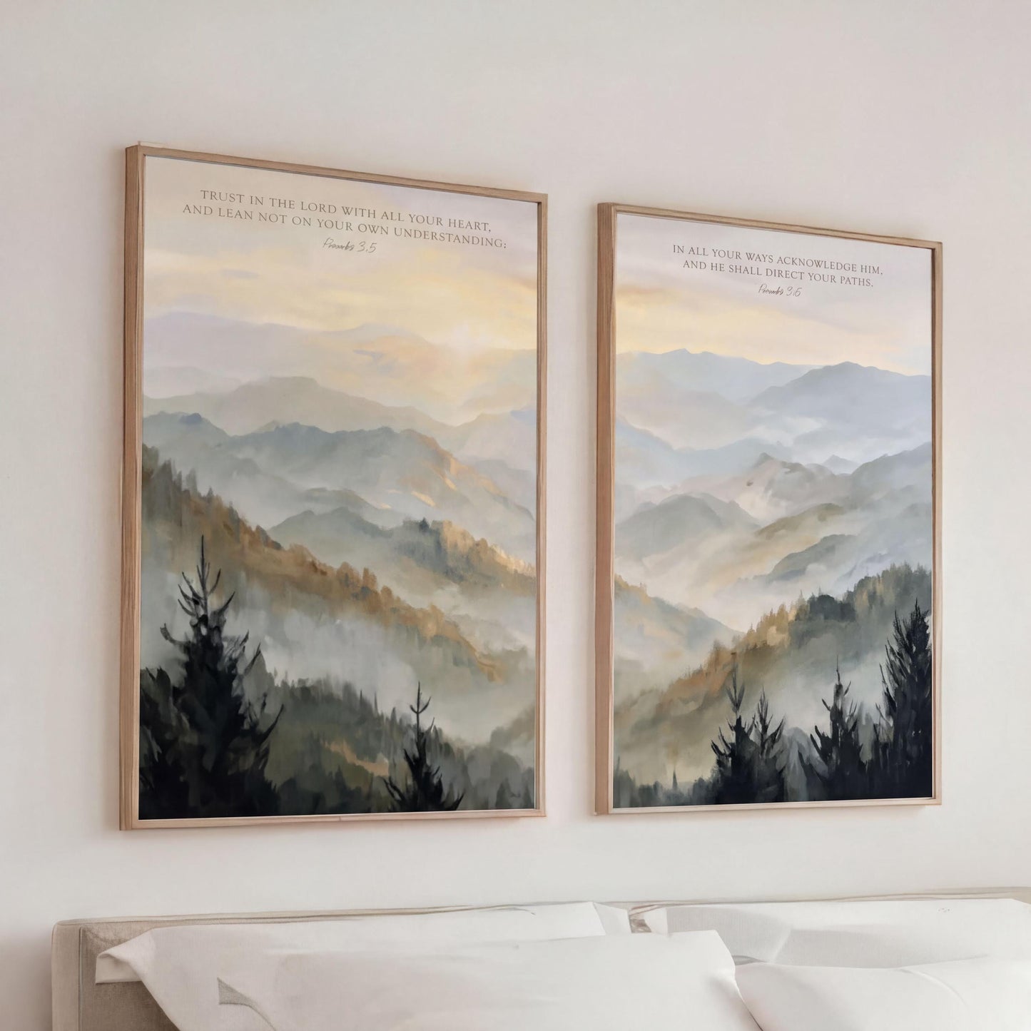 Trust in the Lord Wall Art Set, Mountains Neutral Christian Artwork Scripture Landscape Canvas Print, Hazy Golden Sunrise Proverbs 3:5-6