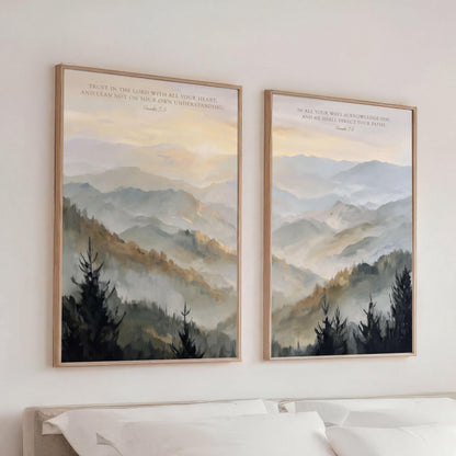 Trust in the Lord Wall Art Set, Mountains Neutral Christian Artwork Scripture Landscape Canvas Print, Hazy Golden Sunrise Proverbs 3:5-6