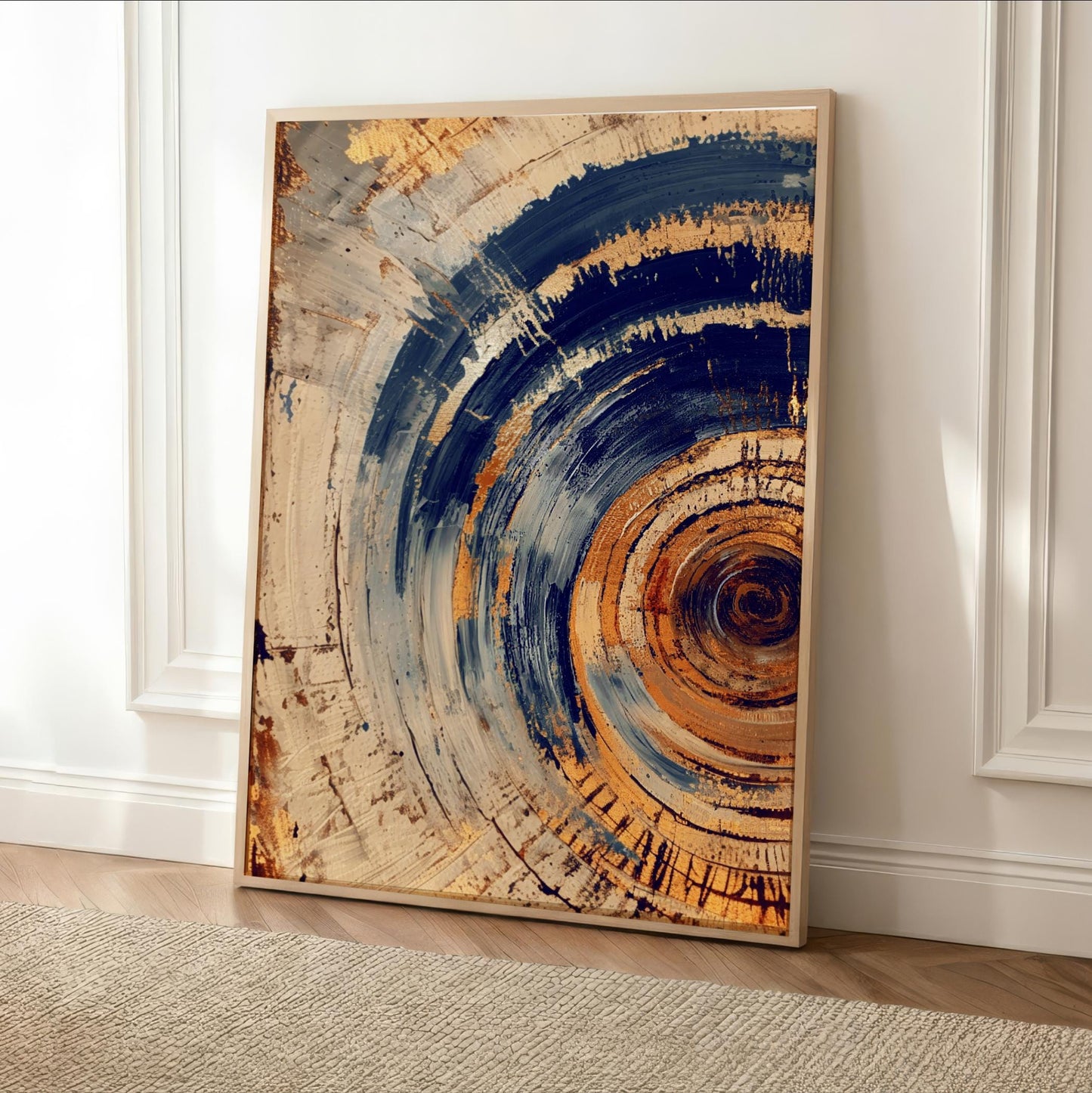 a large abstract painting with a circular design in shades of blue, orange, and brown. The painting is displayed on a white wall, and it is leaning against the wall.