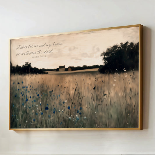 The image is a framed painting depicting a serene landscape with a field of tall grass and wildflowers, with a house visible in the distance. The painting is framed in gold and is hung on a wall.
