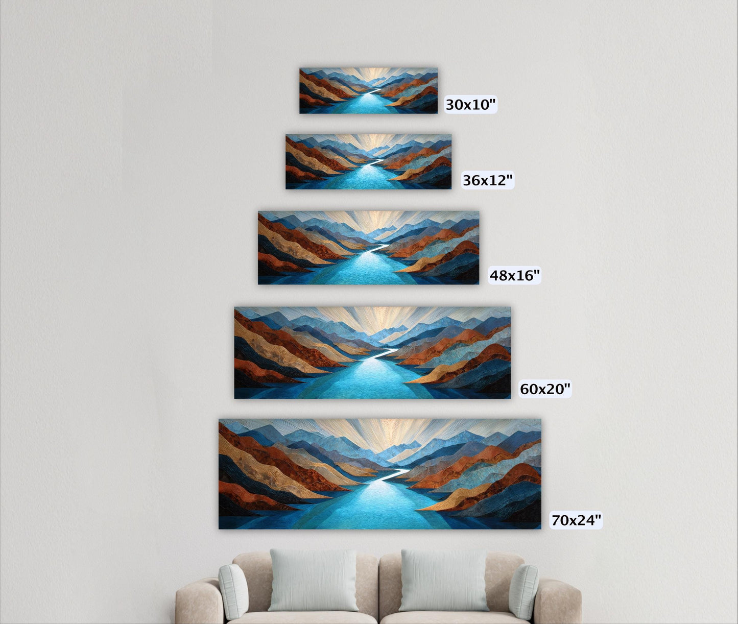 A wall with five different sizes of landscape paintings arranged in a descending order, ranging from 30x10" to 70x24" in width.