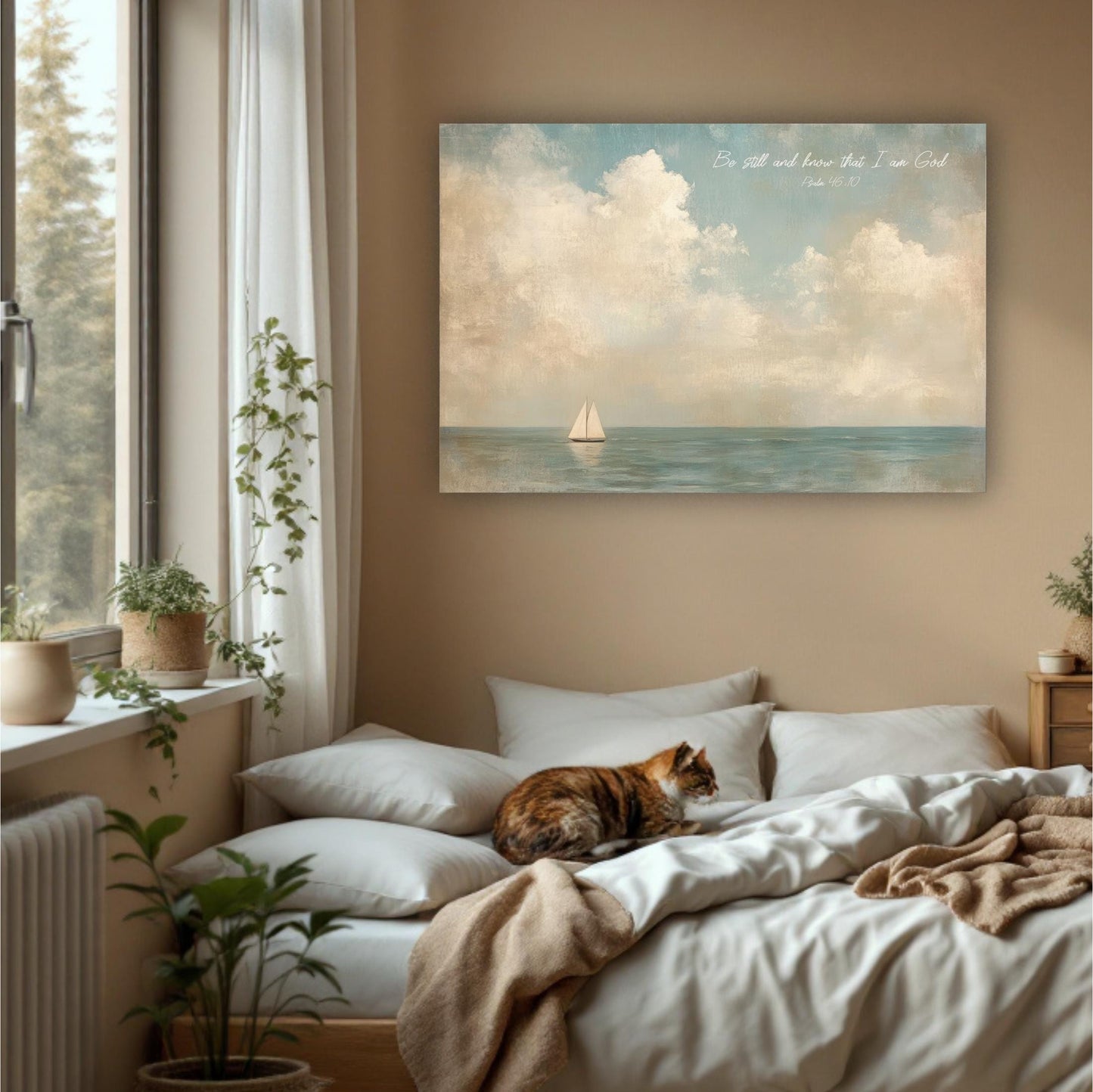 A cat is lying on a bed in a cozy bedroom, with a painting of a sailboat on the wall above it.