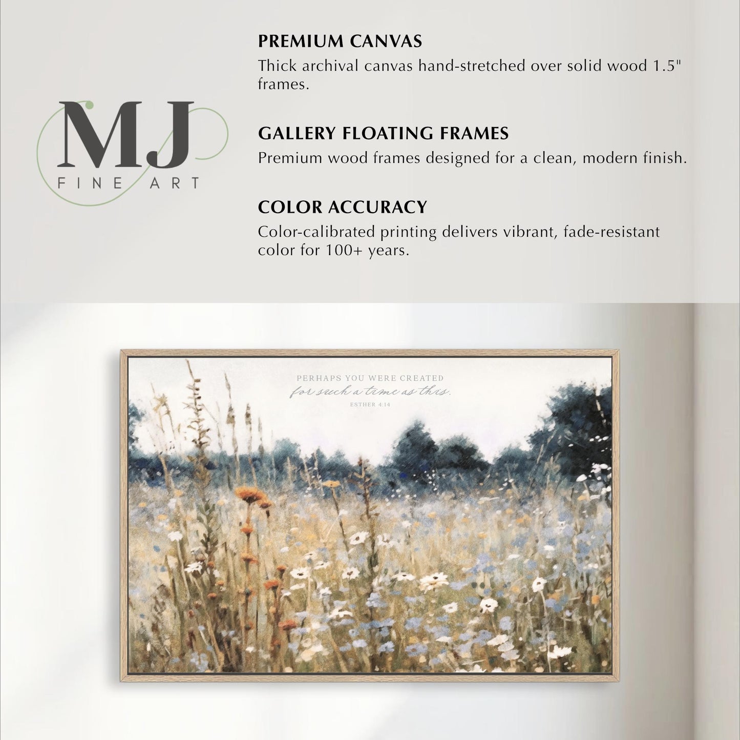 The image is a framed artwork depicting a field of tall grass and wildflowers. The artwork is described as a "Premium Canvas" and "Gallery Floating Frames" with a focus on color accuracy and vibrancy.