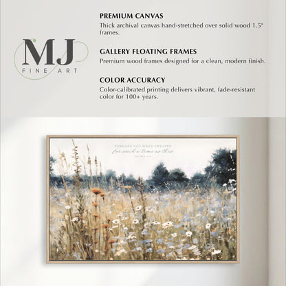 The image is a framed artwork depicting a field of tall grass and wildflowers. The artwork is described as a "Premium Canvas" and "Gallery Floating Frames" with a focus on color accuracy and vibrancy.