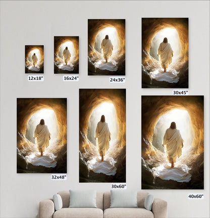 a series of images depicting a person walking through a tunnel or cave, with the person wearing a white robe and walking towards a light source at the end of the tunnel.