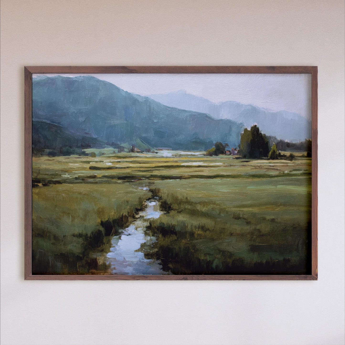 The image is a painting of a serene landscape featuring a winding stream, lush green fields, and distant mountains.