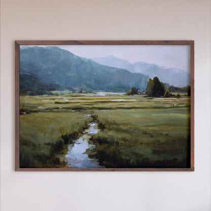 The image is a painting of a serene landscape featuring a winding stream, lush green fields, and distant mountains.