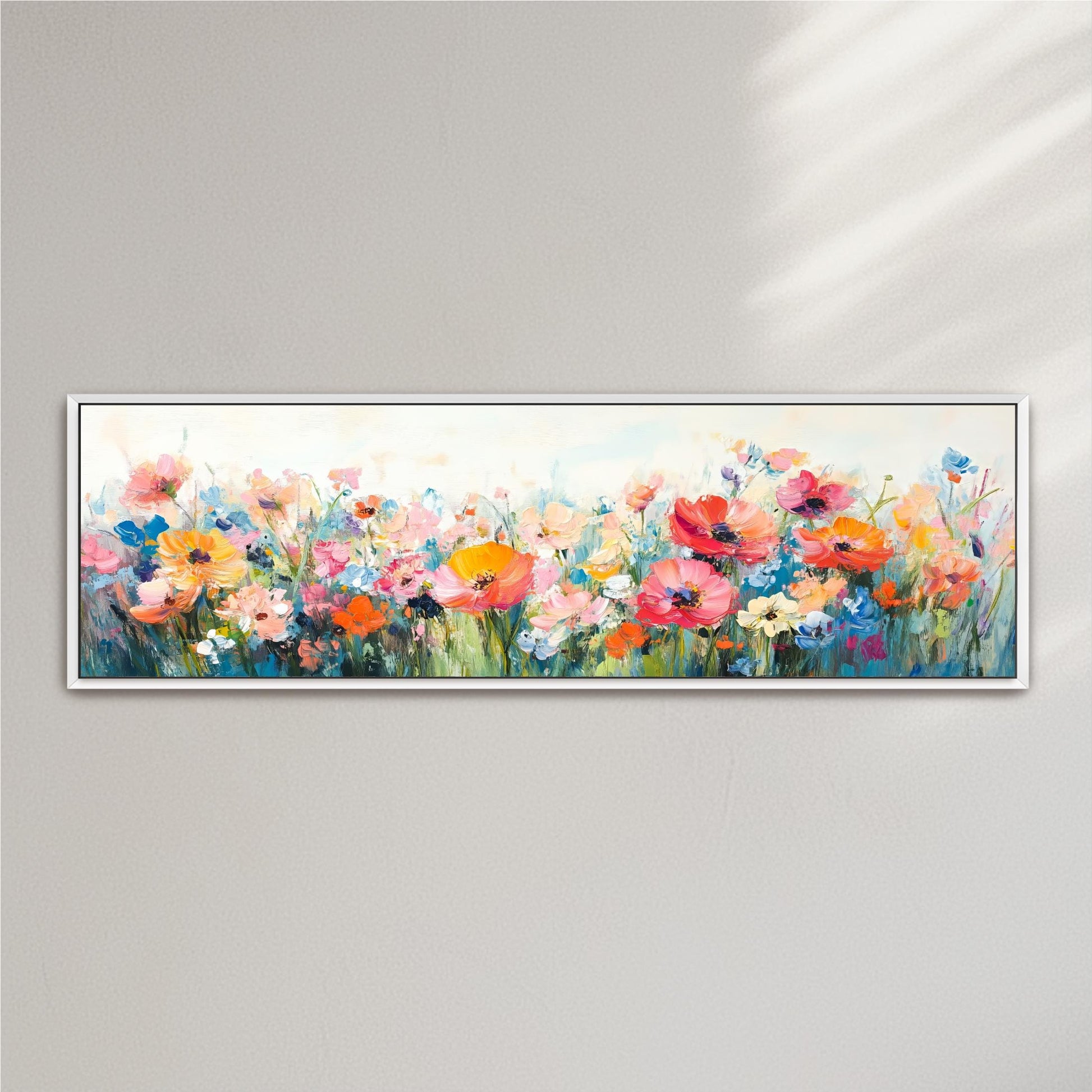 The image is a framed painting depicting a vibrant field of colorful flowers, including red, orange, yellow, and pink blooms.