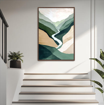 a large abstract painting hanging on a white wall above a set of white stairs.