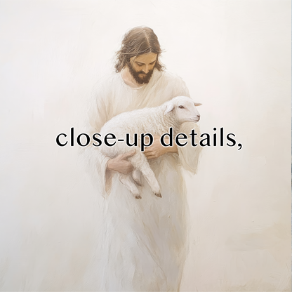 a man in a white robe holding a lamb, with the text "close-up details" overlaid on the image.