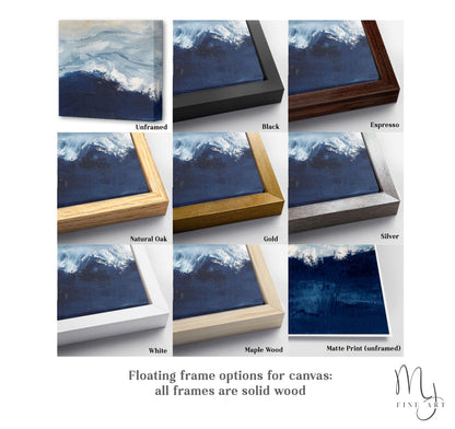 various floating frame options for a canvas, including Unframed, Black, Expresso, Natural Oak, Gold, Silver, White, Maple Wood, and Matte Print (unframed).