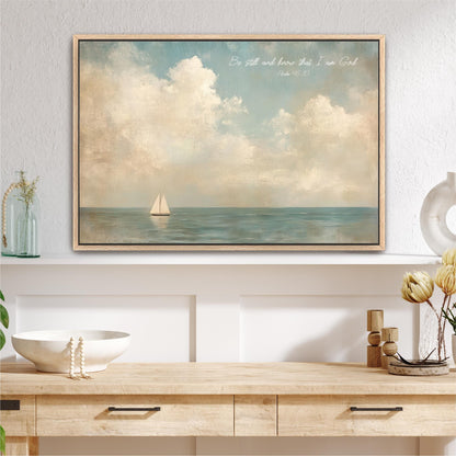 a framed painting of a sailboat on the ocean, with a wooden shelf below it and various decorative items on the shelf.