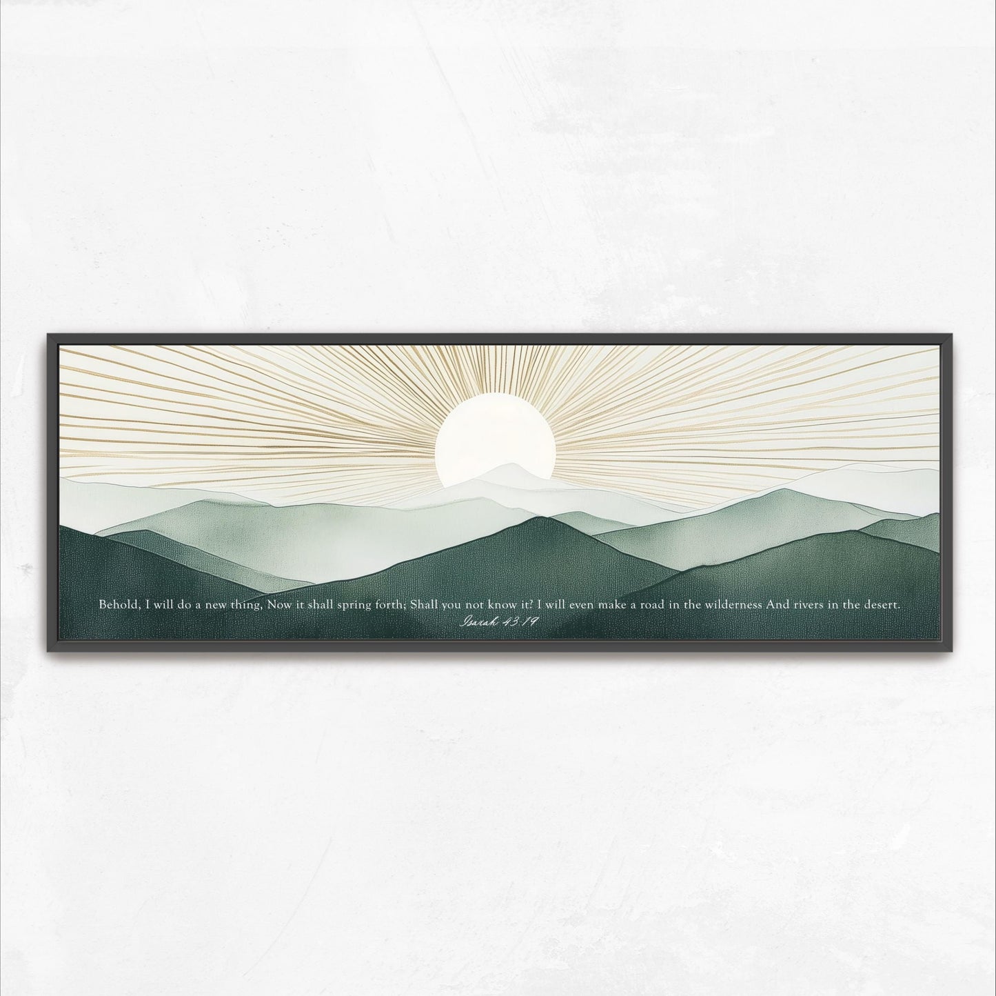 The image is a framed print depicting a serene landscape with a sun rising over a mountain range.