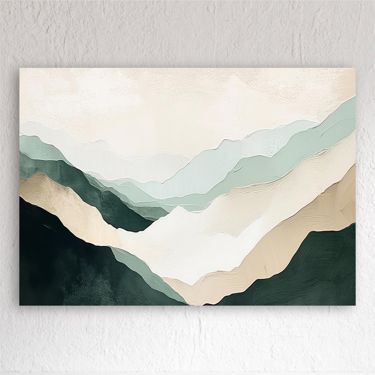 The image is a painting of mountains with a gradient color scheme, featuring various shades of green, beige, and brown.
