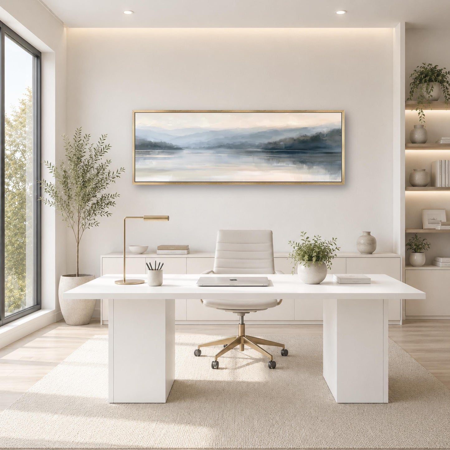 a modern, minimalist office space with a large window, a white desk, a white chair, and a framed landscape painting on the wall.