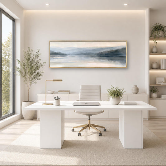 a modern, minimalist office space with a large window, a white desk, a white chair, and a framed landscape painting on the wall.