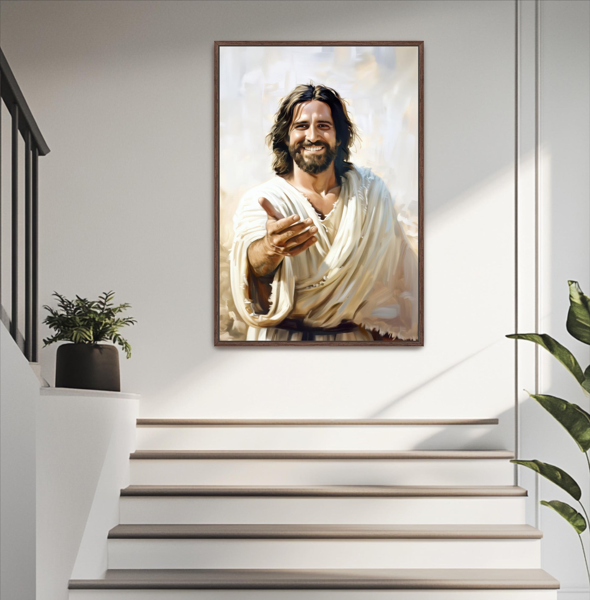 a framed painting of Jesus Christ, hanging on a wall above a set of stairs.