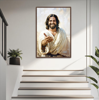 a framed painting of Jesus Christ, hanging on a wall above a set of stairs.