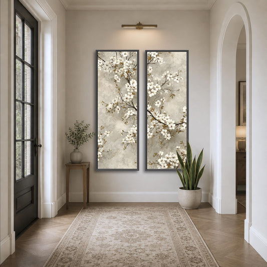 a hallway with a large floral painting hanging on the wall, a small table with a plant, and a rug on the floor.