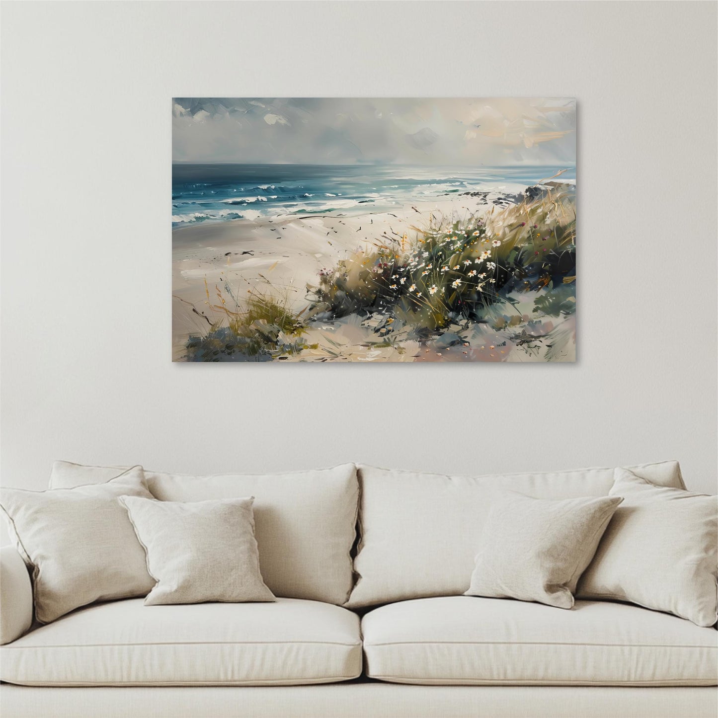 a painting on a wall above a couch