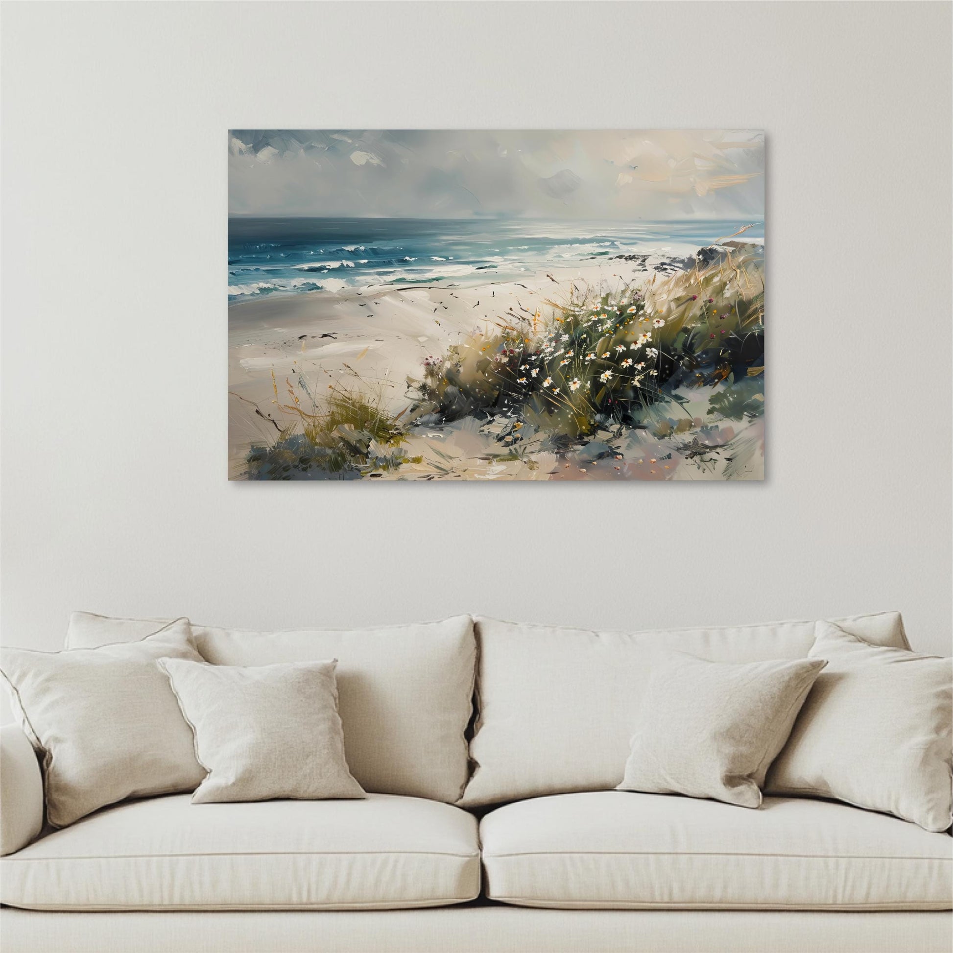 a painting on a wall above a couch
