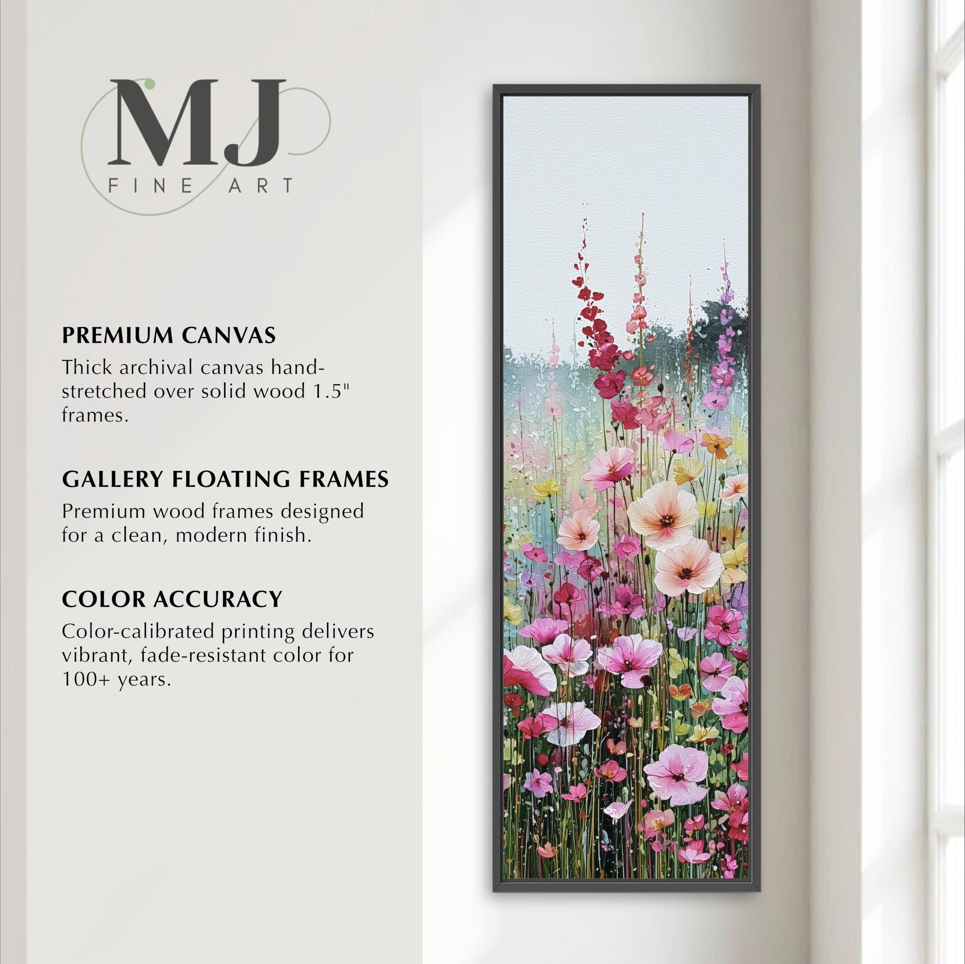 The image is a promotional poster for MJ Fine Art, featuring a large, colorful painting of a field of flowers. The poster highlights the premium quality of the artwork, including the use of high-quality materials and the artist's expertise.