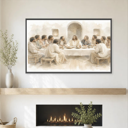 The image is a framed painting depicting a scene from the Bible, specifically the Last Supper, with Jesus Christ surrounded by his twelve followers.