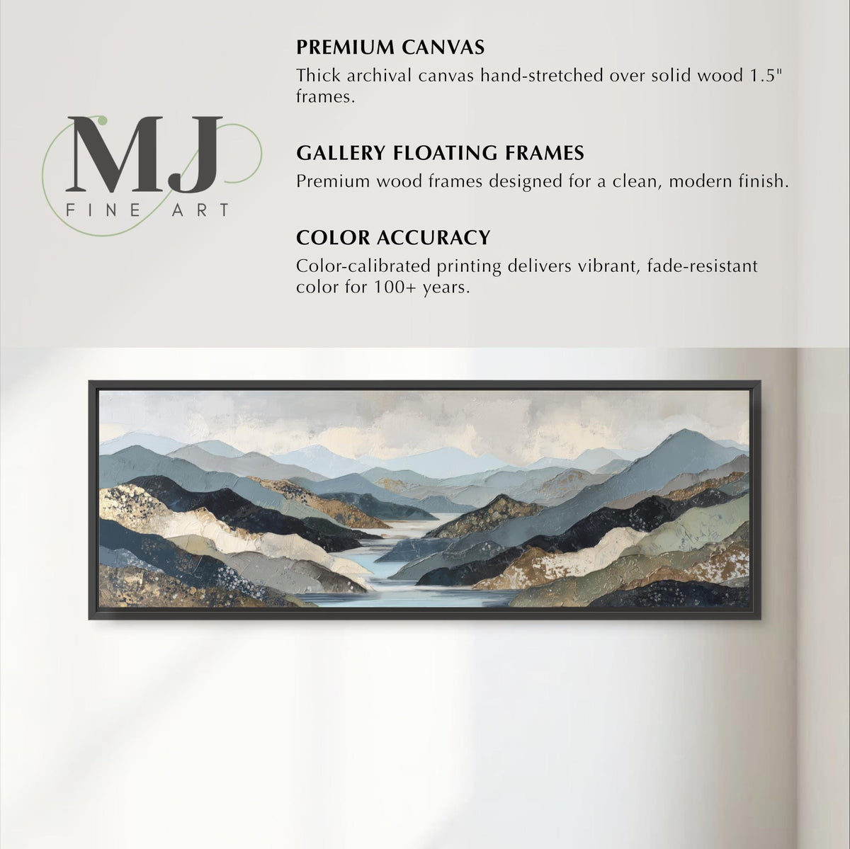 The image is a framed artwork depicting a landscape with mountains and a body of water. The artwork is described as a premium canvas hand-stretched over solid wood 1.5" frames, a gallery floating frame, and a color accuracy that delivers vibrant, fade-resistant color for 100+ years.