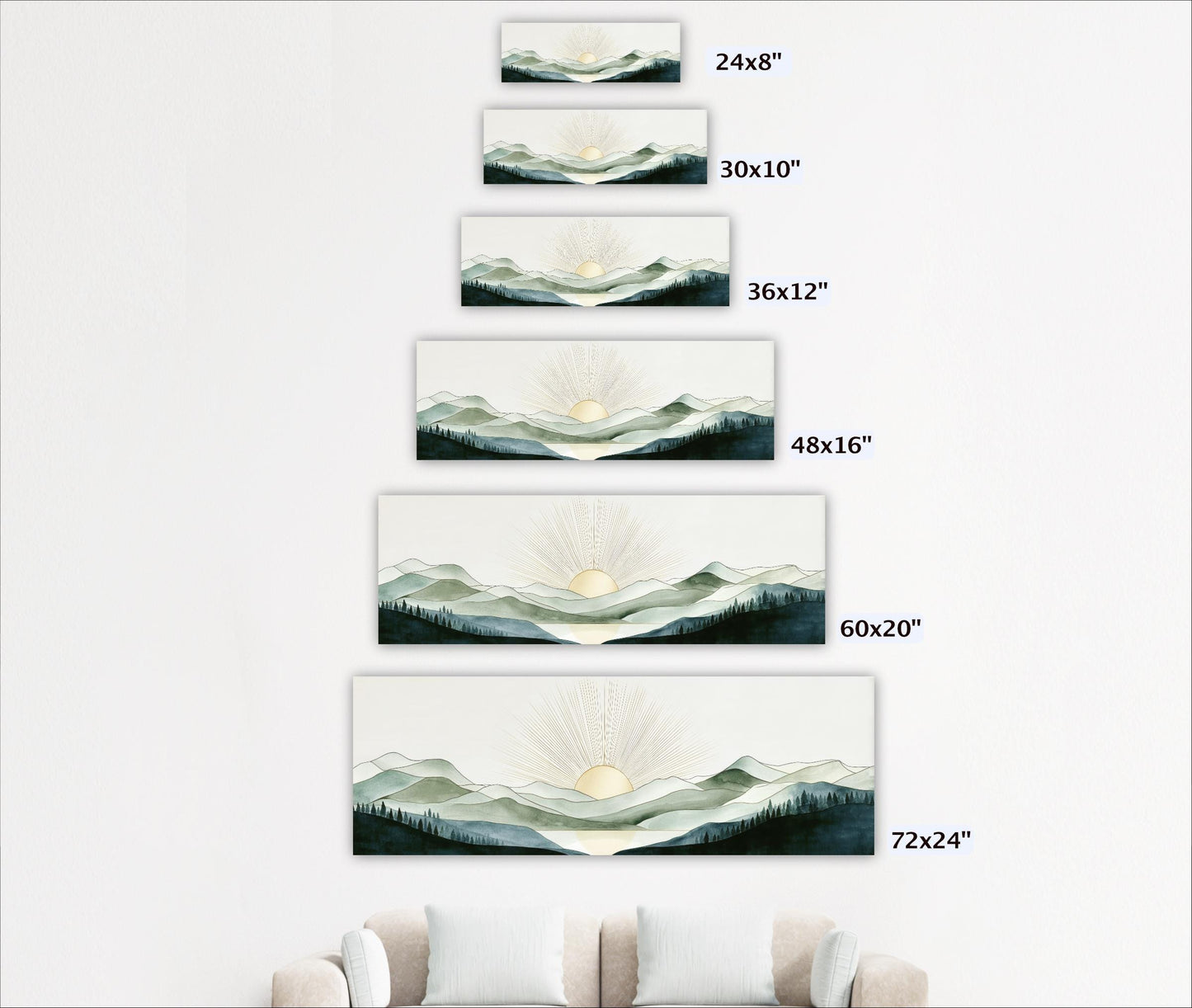 A series of landscape paintings depicting mountains and sunsets, each varying in size from 24 to 72 inches.