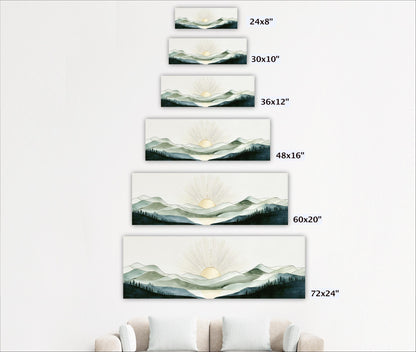 A series of landscape paintings depicting mountains and sunsets, each varying in size from 24 to 72 inches.