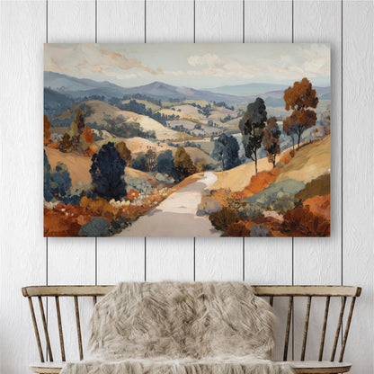 a serene landscape with rolling hills, trees, and a winding road.
