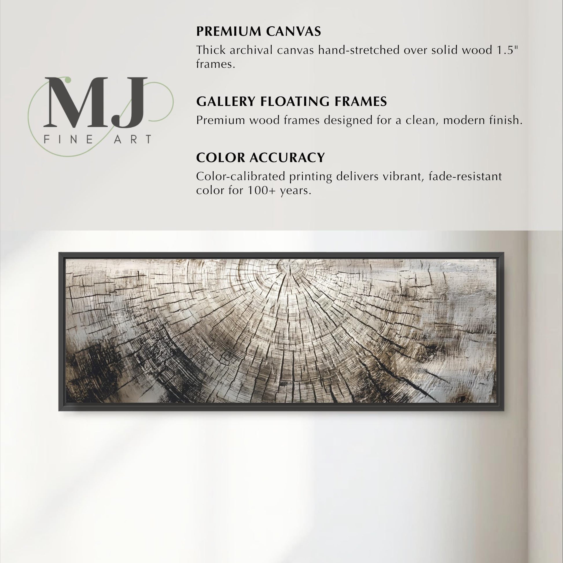 The image is a collage of various artworks, including a large canvas painting with a tree trunk design and a gallery floating frame. The artworks are displayed in a frame, and the image is described as a premium canvas hand-stretched over solid wood 1.5" frames. The artworks are color-accurate, and the color-calibrated printing delivers vibrant, fade-resistant color for 100+ years.