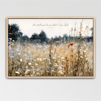 The image is a framed painting depicting a field of wildflowers, with a text overlay that reads "On stillness know that I am God" from the Bible verse Psalm 46:10.
