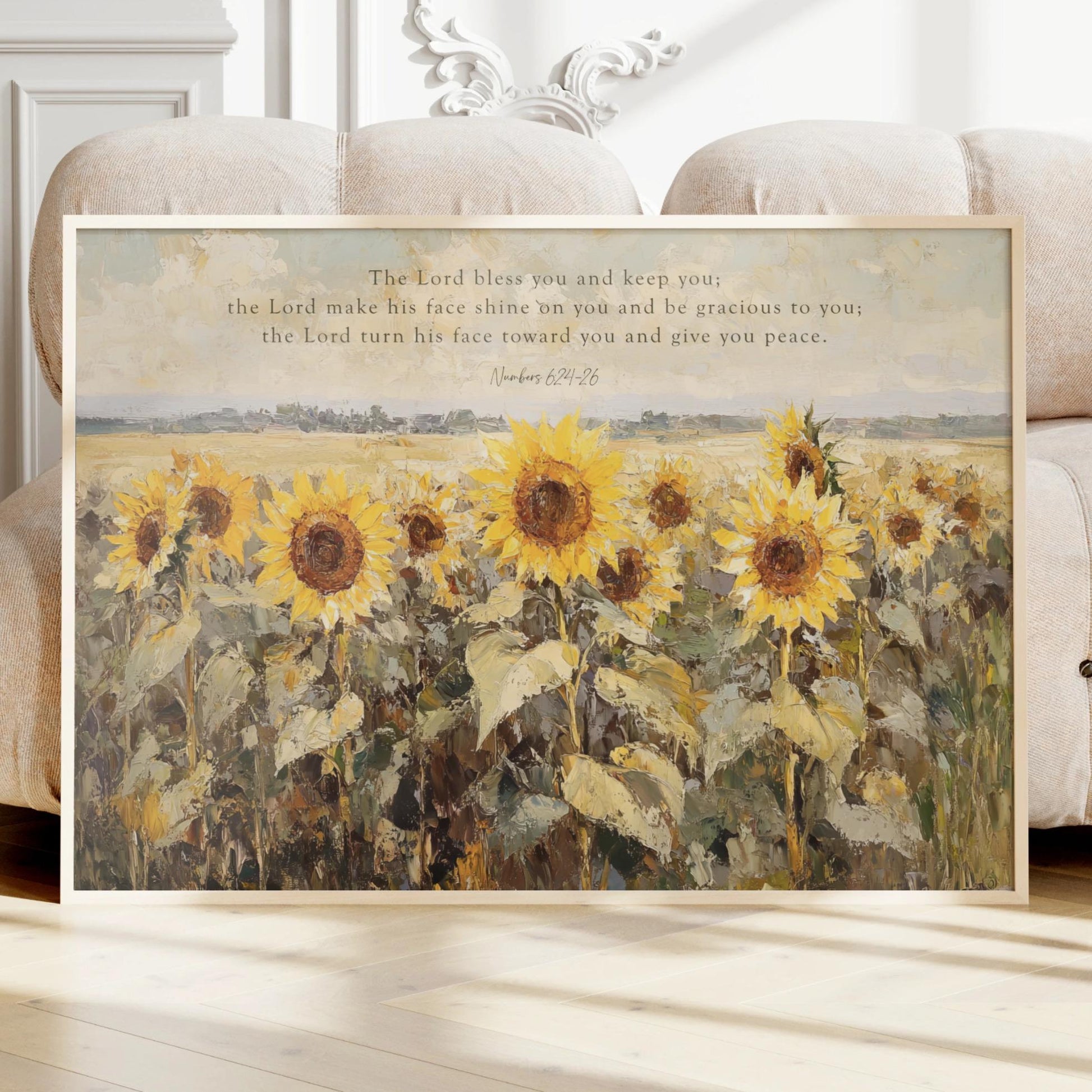 The Lord Bless You Sunflowers Art Numbers 6:24-26, Scripture Landscape Artwork Wildflower Field, Framed Canvas Print, Christian Decor