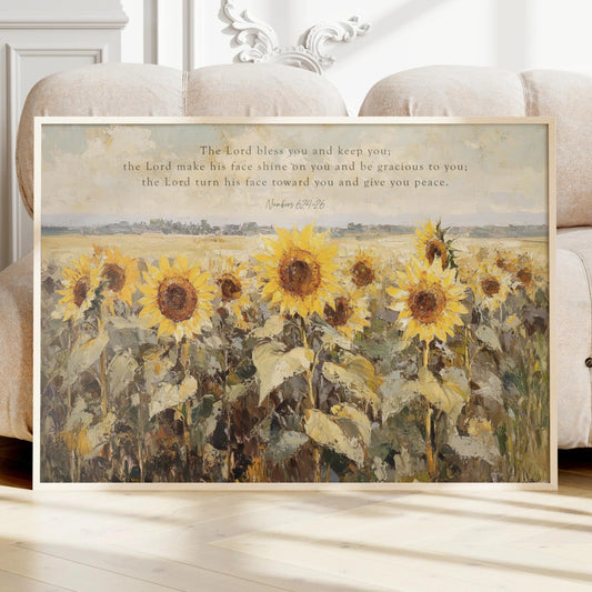 The Lord Bless You Sunflowers Art Numbers 6:24-26, Scripture Landscape Artwork Wildflower Field, Framed Canvas Print, Christian Decor