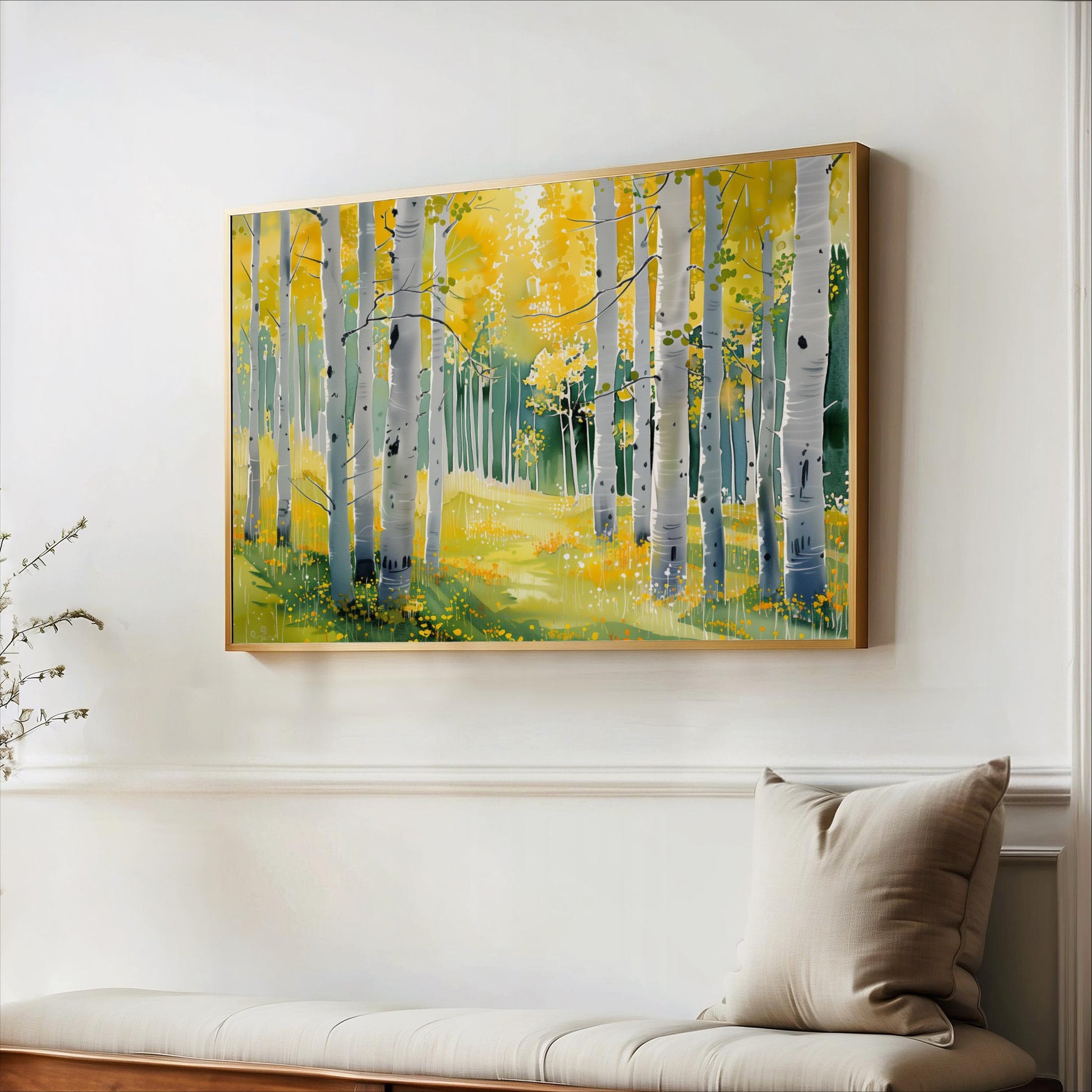 a large painting of a forest with tall trees and yellow foliage, hanging on a white wall above a wooden bench.
