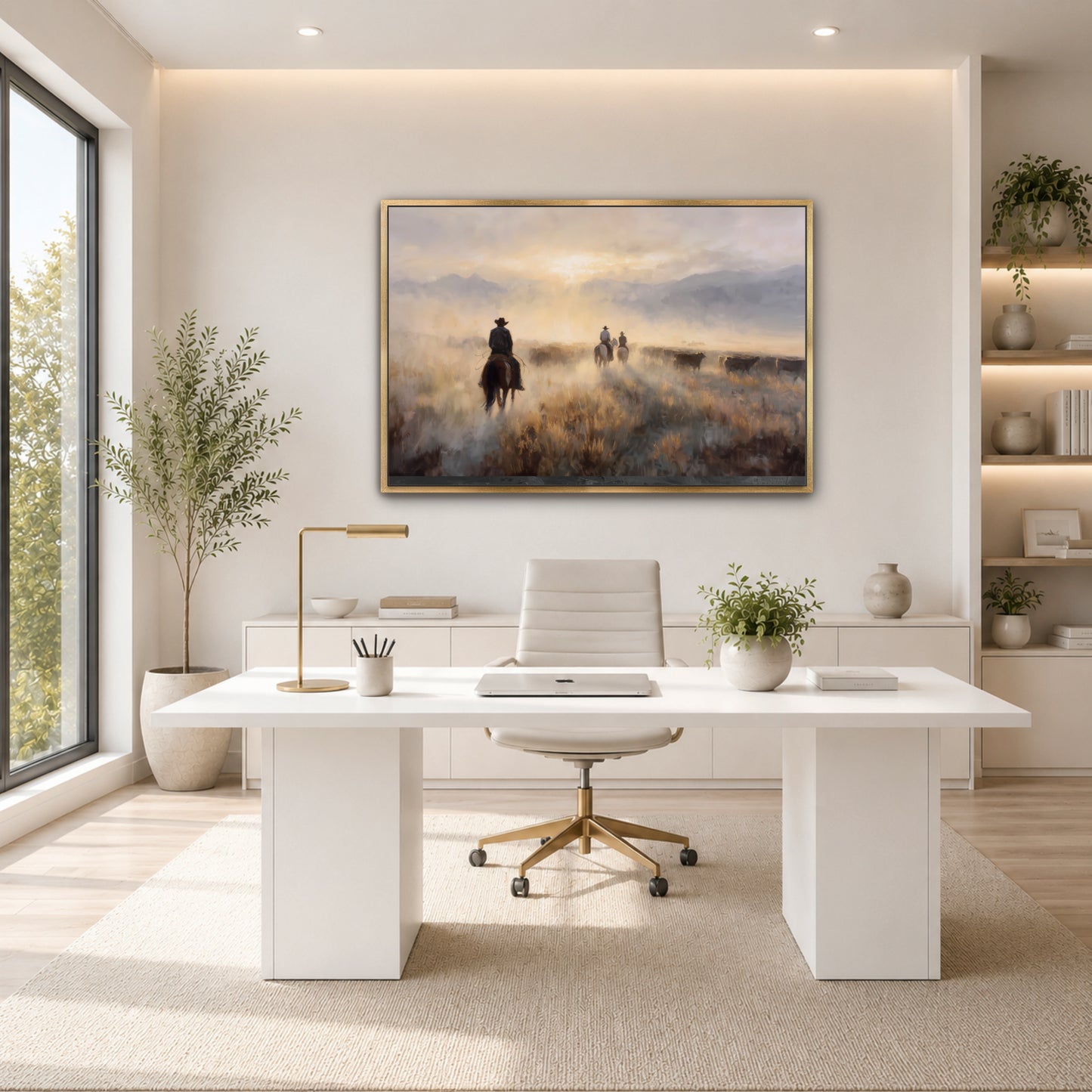a modern, minimalist office space with a large window, a white desk, a white chair, and a framed painting of a cowboy on a horse.