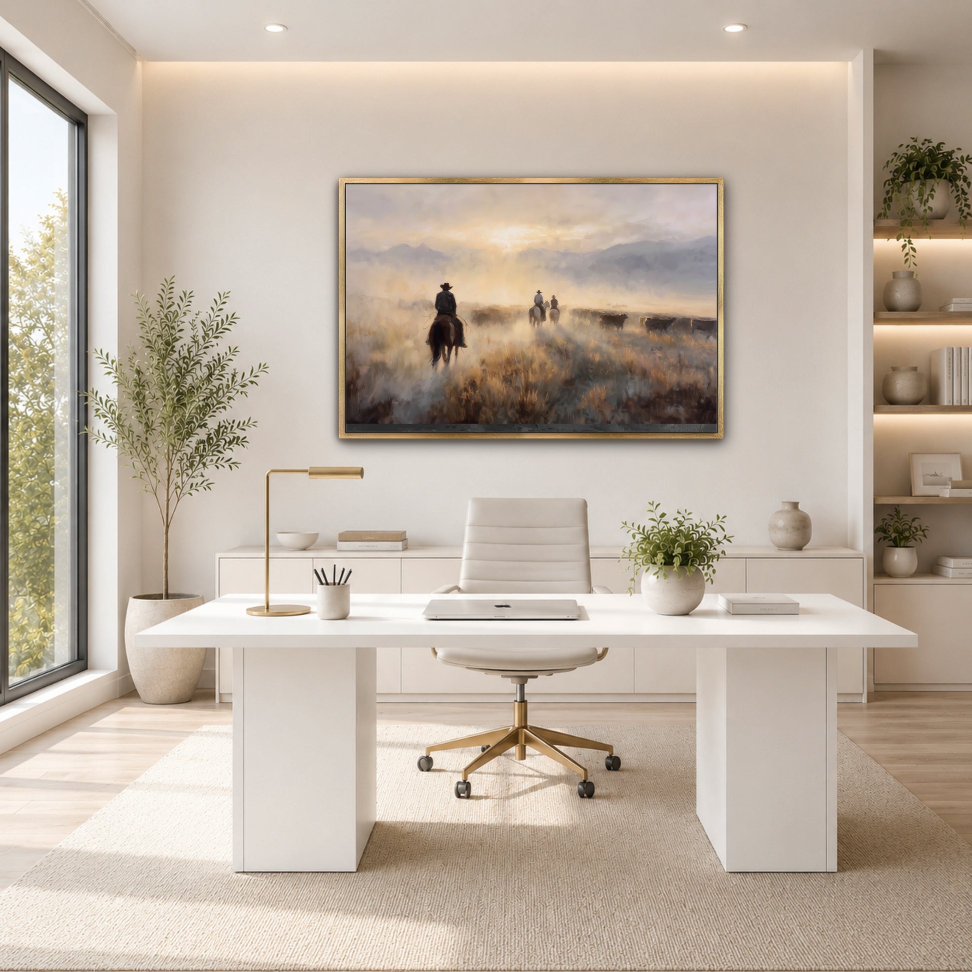 a modern, minimalist office space with a large window, a white desk, a white chair, and a framed painting of a cowboy on a horse.