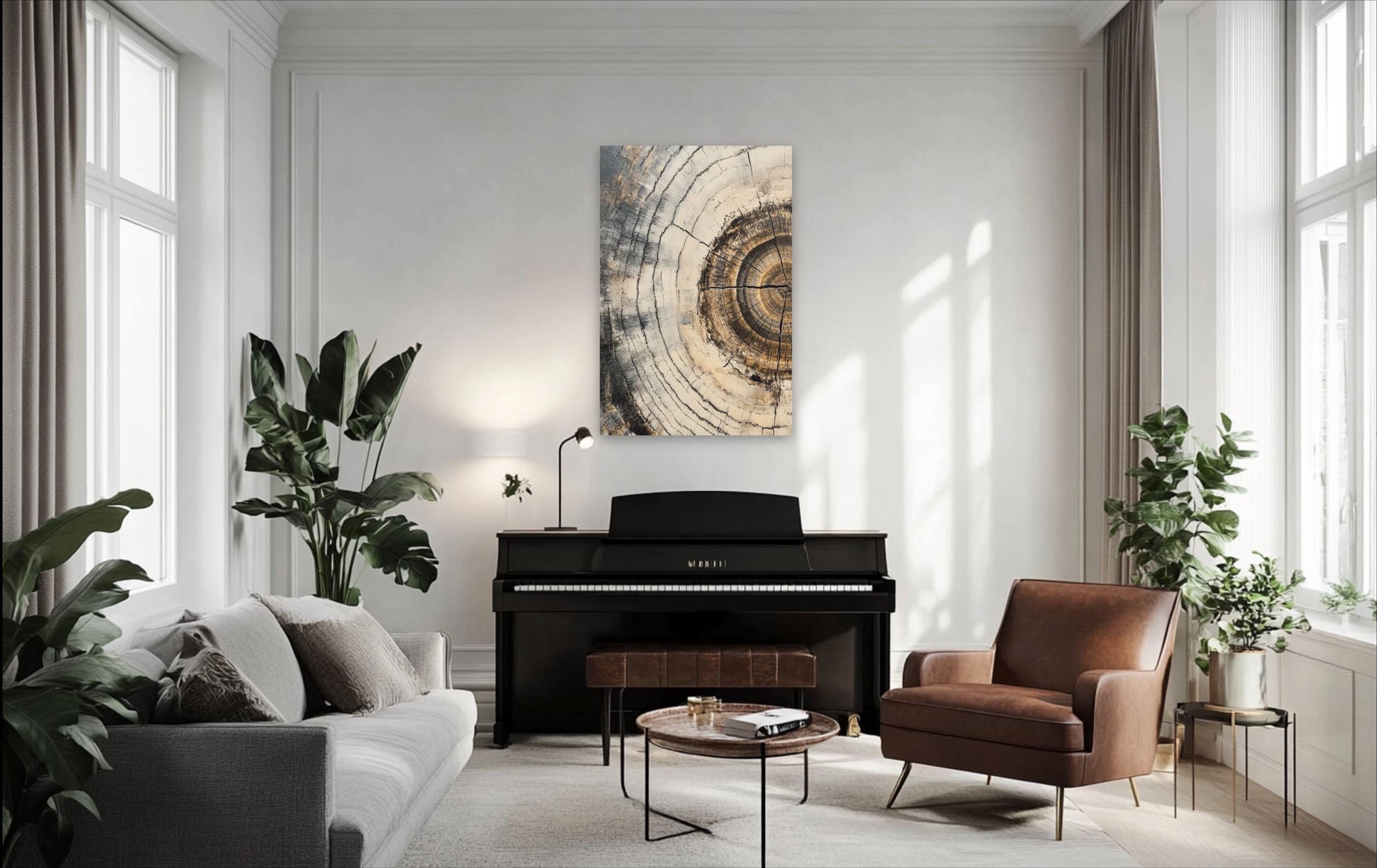 a living room filled with furniture and a piano