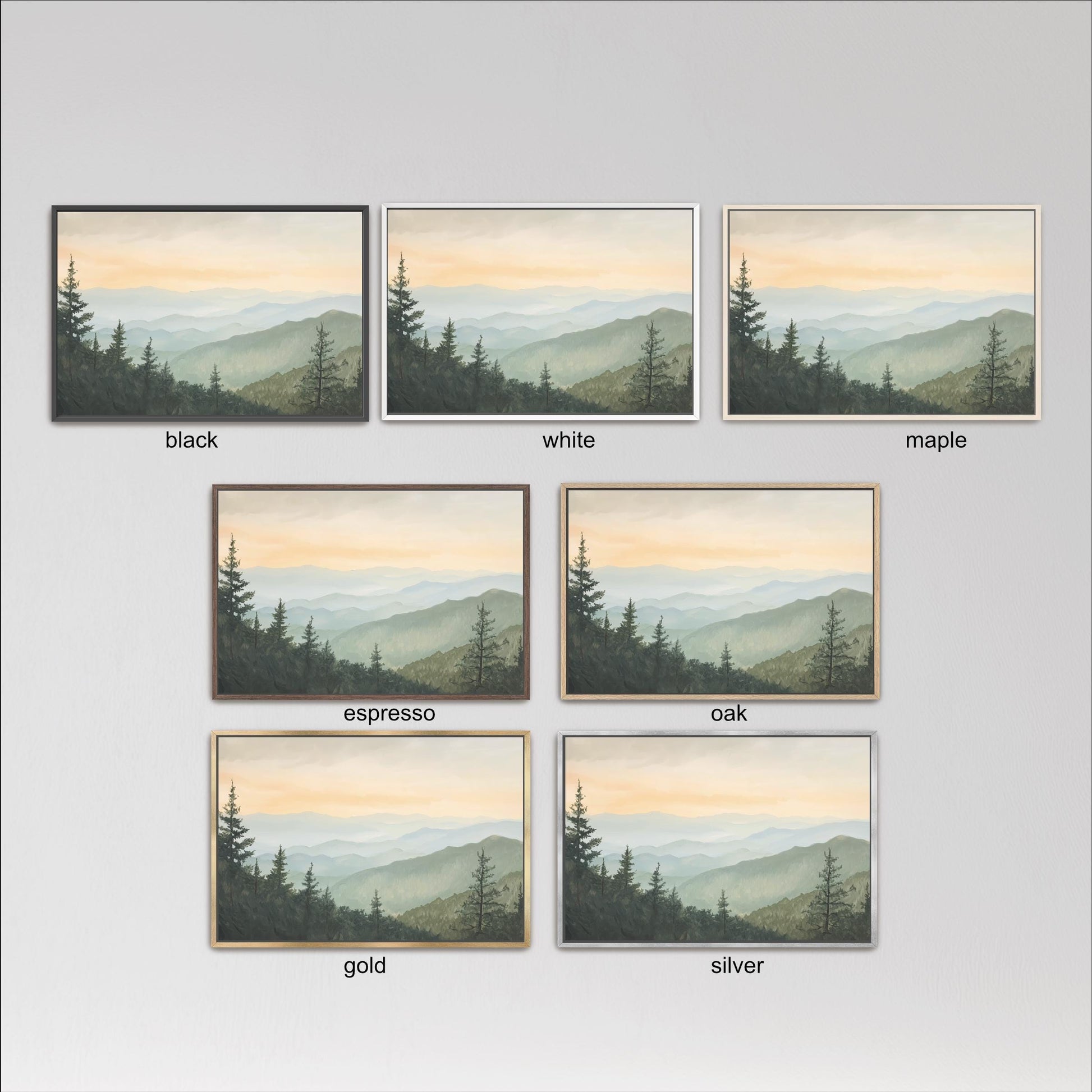 six framed landscape paintings depicting mountain scenes, each with a different color frame. The paintings are arranged in a grid format, with three paintings in each row and two in each column. The colors of the frames are black, white, and maple, and the paintings are labeled accordingly.