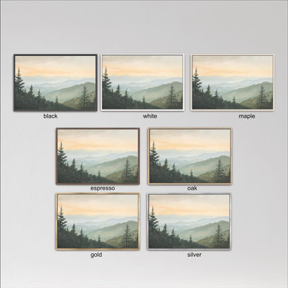 six framed landscape paintings depicting mountain scenes, each with a different color frame. The paintings are arranged in a grid format, with three paintings in each row and two in each column. The colors of the frames are black, white, and maple, and the paintings are labeled accordingly.