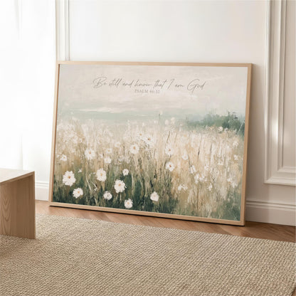 A framed painting of a field of white flowers is displayed on a wall, with a text overlay that reads "Be still and know that I am God" and " Psalm 46:10".