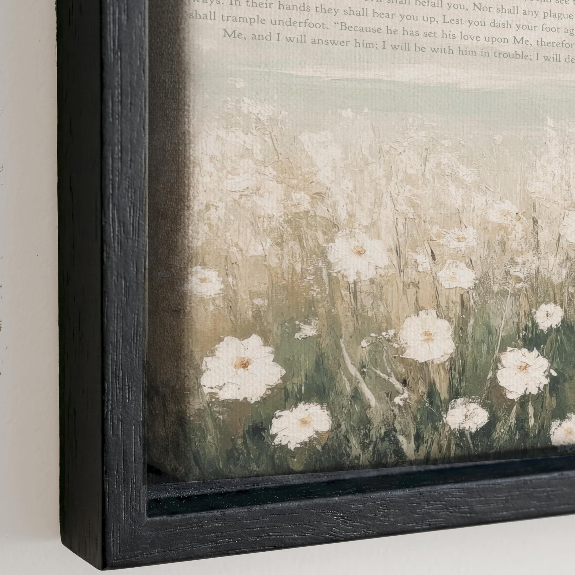 The image is a framed painting depicting a field of white flowers against a green background.