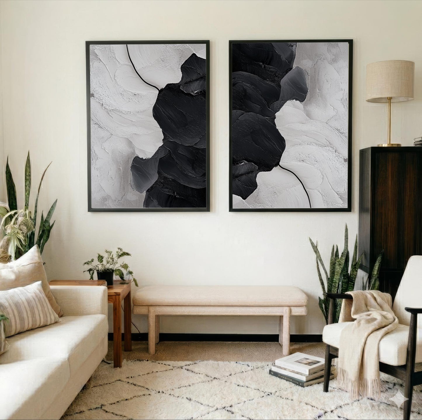 a modern living room with a white sofa, a wooden side table, and two large abstract paintings on the wall.