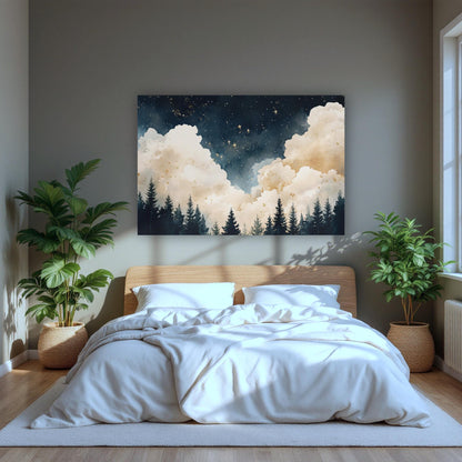 a bedroom with a bed and a painting on the wall