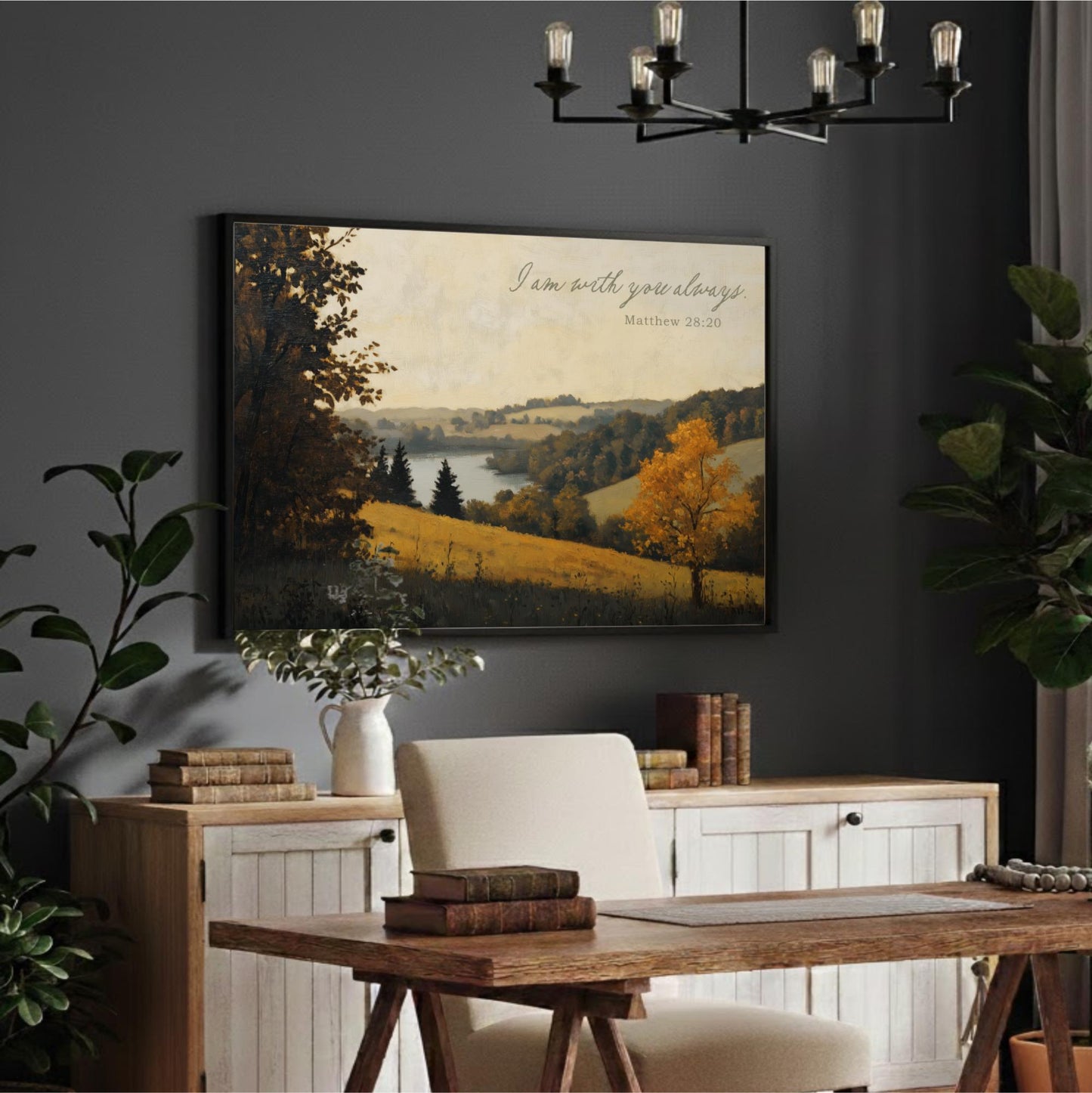 a serene indoor setting with a large framed landscape painting hanging on the wall above a wooden desk. The painting depicts a picturesque countryside scene with trees, a river, and a field of yellow flowers. The desk is positioned in front of the painting, and there are several books and a vase on the desk. The room also includes a chandelier and some potted plants, creating a cozy and inviting atmosphere.