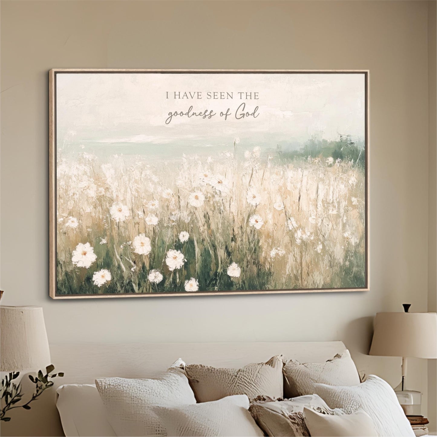 a bedroom with a bed and a painting on the wall