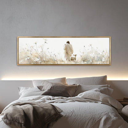 a large, framed painting of a person walking through a field of flowers, with a sheep following behind.