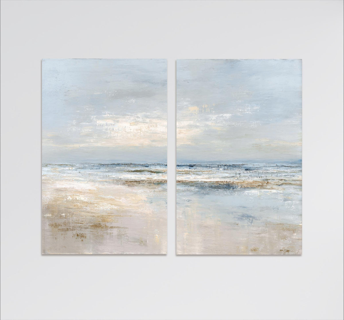 The image is a painting depicting a serene landscape of a beach with a calm ocean and a cloudy sky.